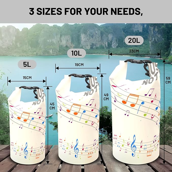 Waterproof Dry Bag,Roll Top Music Notes Small Waterproof Backpack 5L/10L/20L Floating and Lightweight Bags for Kayaking, Boating, Fishing, Swimming and Camping
