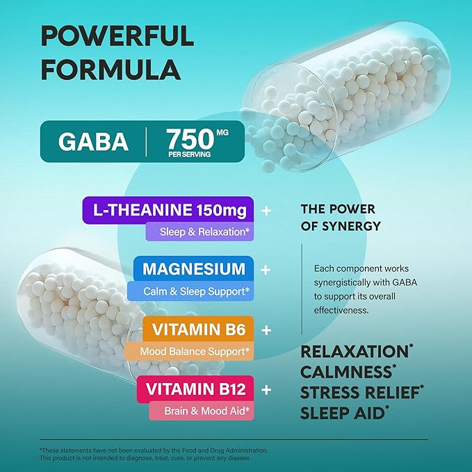 GABA L-Theanine 900 mg - Made in USA - Magnesium | Vitamin B6 - Calm, Sleep, Relaxation & Mood Support - 750 mg Gamma AminoButyric Acid, 150 mg L-Theanine - Non-Habit Forming, Vegan - 240 Capsules