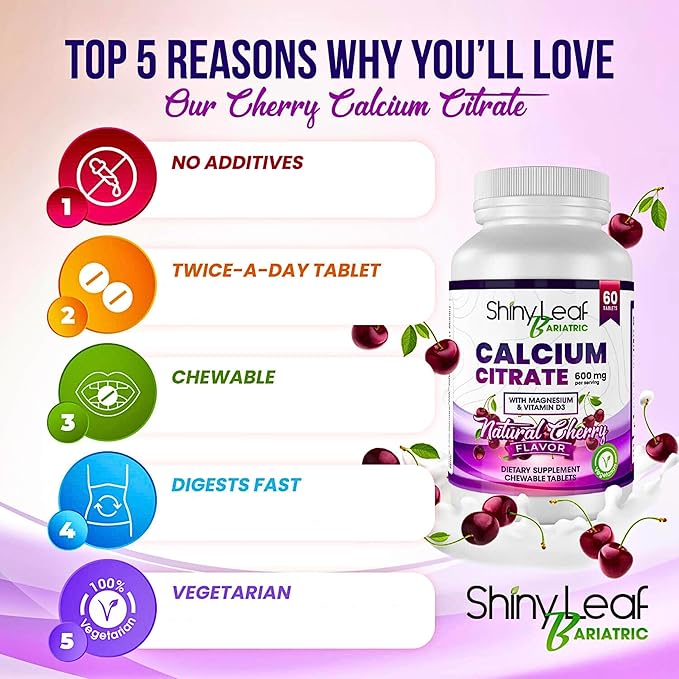 Shiny Leaf Bariatric Calcium Citrate Chews - 600mg, with Vitamin D 3 Plus Magnesium - Chewable Supplements for Women and Men, Bariatric Patients Vitamins for Bone and Joints Health, 60 Count, Cherry