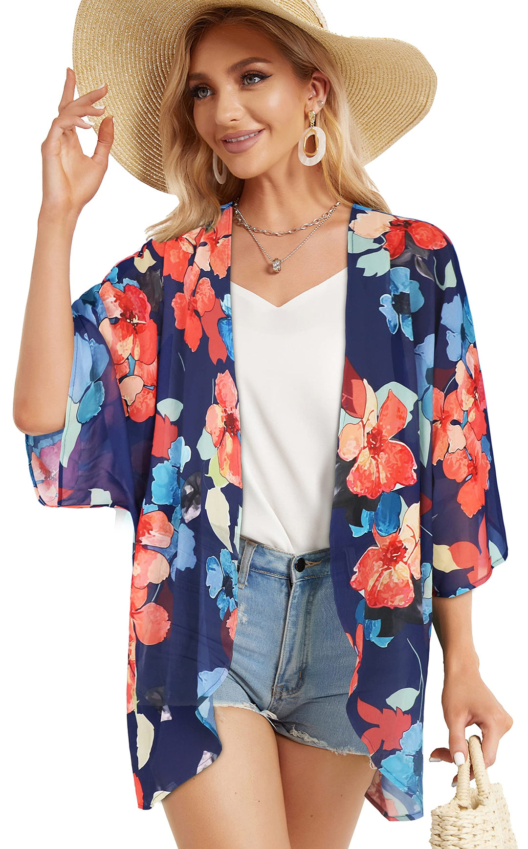 Summer Kimono Cardigan for Women Sheer Light Tops Casual Open Front Swimwear Shirts Beach Cover ups (Oil Blue,S)