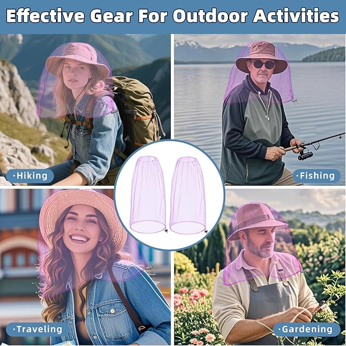 2 Pack Ultra Large Mosquito Net 42x25 Inches Mosquito Head Net Oversized Insect Netting Bug Fits Most Hats for Gardening Hiking Fishing Traveling(Light Purple)