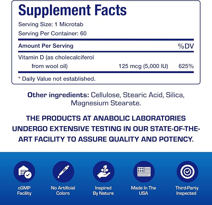 High Strength Vitamin D3 5000 IU - Clinical Formula Vitamin D Supplement for Men and Women for Bone Teeth Muscle Mood and Immune Support - High Absorption Vegetarian Microtabs (60 Day Supply)