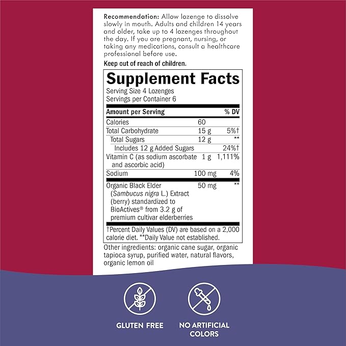 Nature’s Way Sambucus Immune Lozenges, High Potency Vitamin C, Elderberry, Wild Cherry Flavored, 24 Lozenges (Packaging May Vary)
