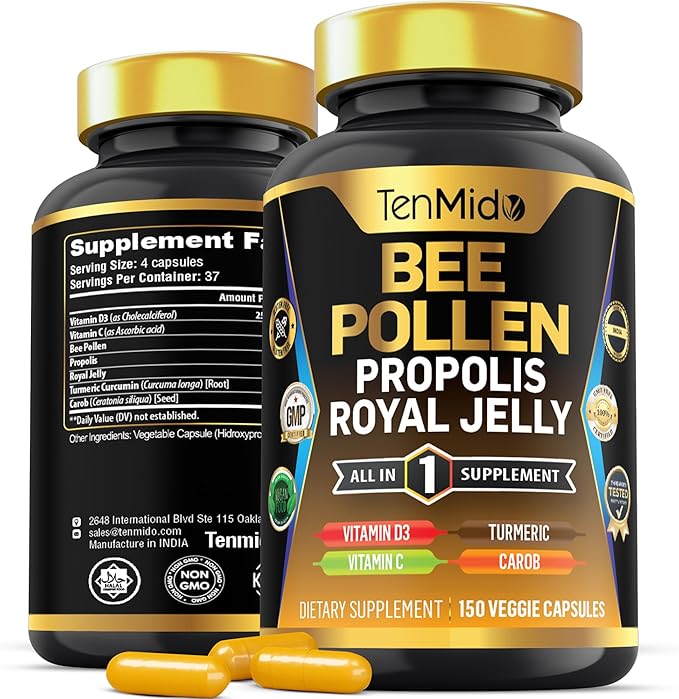Organic Bee Pollen Supplement for Men and Women, 7in1 Formula with Propolis, Royal Jelly, Turmeric, Carob & More - Energy, Immune, Digestive Support - Rich in Nutrient, Vitamins - 150 Capsules