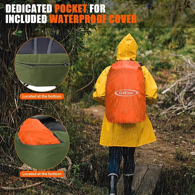 G4Free 35L Hiking Backpack Water Resistant Outdoor Sports Travel Daypack Lightweight with Rain Cover for Women Men (Army Green)