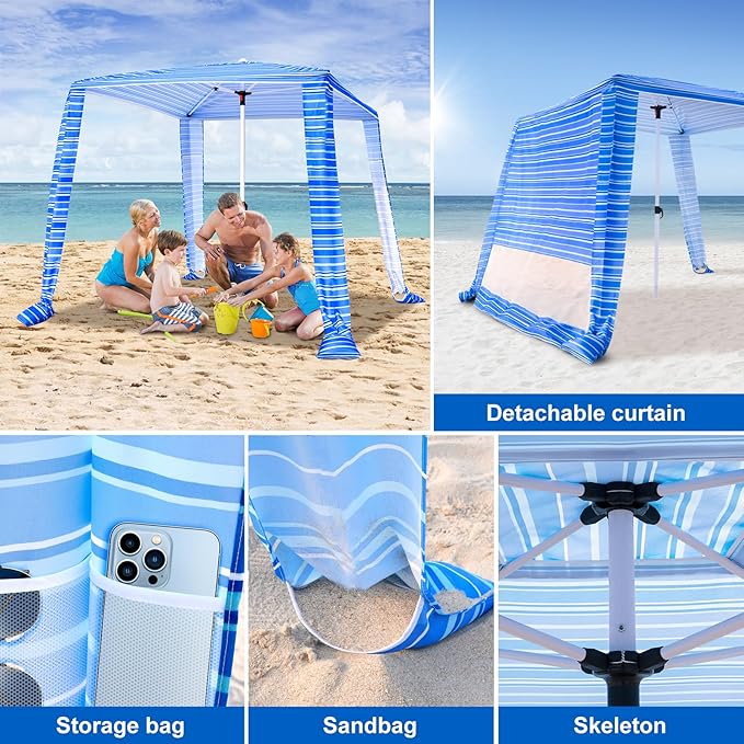 Beach Cabana - Cool 6.2’x6.2’ UPF 50+ Sun Shade, Easy Setup & Portable, Waterproof Canopy with Sand Pockets, Side Wall & Beach Umbrella Tent Design - Perfect for Family Trips, Picnics & Camping