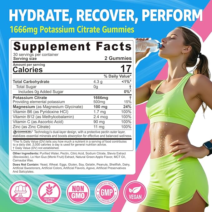 Potassium Citrate Gummies 1666mg for Adults - Potassium Supplement, Magnesium Glycinate, Zinc, B6, B12 & C – Electrolyte Gummies for Energy, Muscle Recovery & Leg Cramps, Sugar-Free, Vegan 60 Cts
