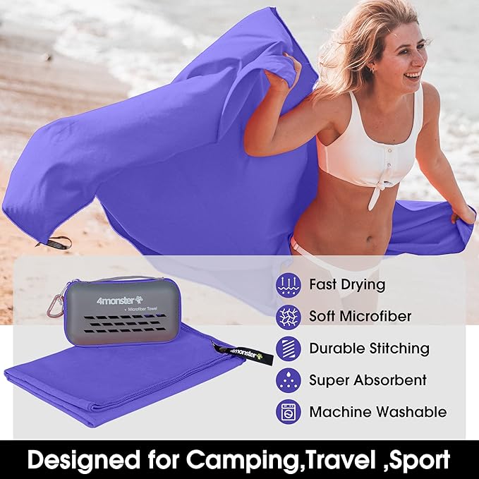 4Monster Camping Towels Super Absorbent, Fast Drying Microfiber Travel Towel, Quick Dry Ultra Soft Compact Gym Towel for Swimming Beach Hiking Yoga Travel Sports Backpack (31.50" x 15.80", Purple)