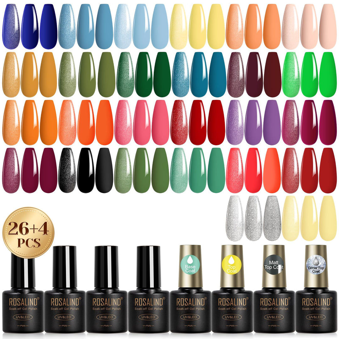 ROSALIND 30PCS Gel Nail Polish Set with Base Glossy Matte and Glitter Top Coat Gel Polish, Orange Green Fall Winter Gel Nail Set Soak Off Gel Polish Set