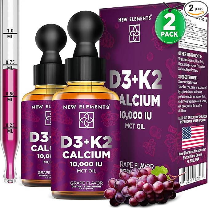 [2 𝐏𝐚𝐜𝐤] Liquid Vitamin D3 K2 Drops with Calcium for Adults | Vitamin D3 10,000 IU | D3 K2 with Calcium for Bone Health & Immunity Support | Joint Health Supplement | Non-GMO | Vegan