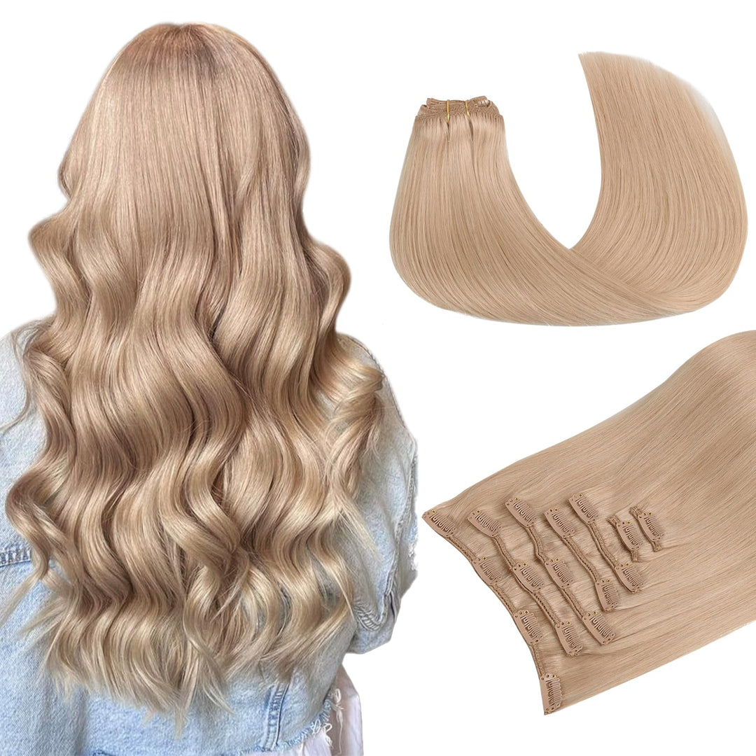 Maxita Hair Extensions Clip In Human Hair, 7Pcs 120G Pinky Dirty Blonde 24 Inch,Clip In Hair Extensions Real Human Hair Extensio