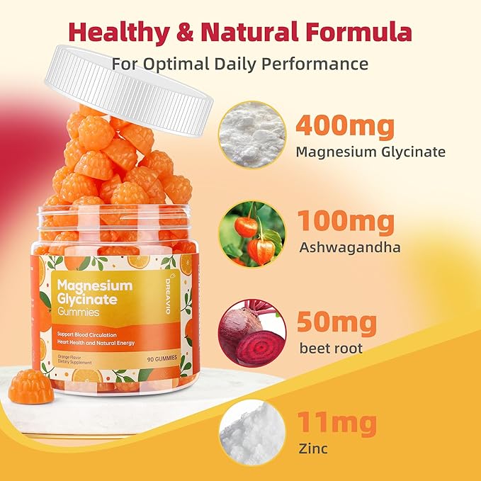 90 Count Magnesium Glycinate Gummies 400mg w/Ashwagandha Supplement - Sugar Free Zinc Magnesium Glycinate Supplement Ashwagandha Gummies for Adults Orange Gummies