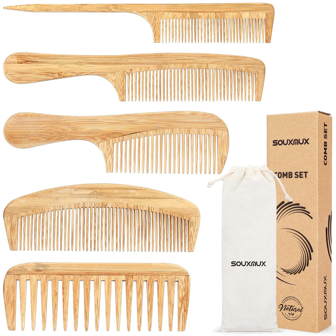 5 Pcs Comb set for Women Men Natural Handmade Bamboo Anti-Static Wide Tooth Comb Rat Tail Combs Fine Tooth Combs Set for Long Sh