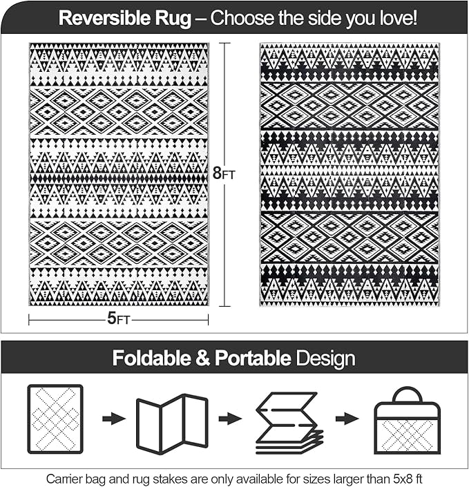 Waterproof Outdoor Rug 5x8ft, Bohemia Reversible Plastic Straw Mat for Patio RV Deck Porch Backyard Balcony Camping Picnic Beach Indoor Outdoor Carpet, Black&White
