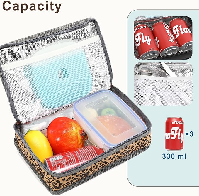 FlowFly Small Insulated Lunch box Portable Soft Bag Mini Cooler Thermal Meal Tote Kit with Handle for Work & School, Leopard