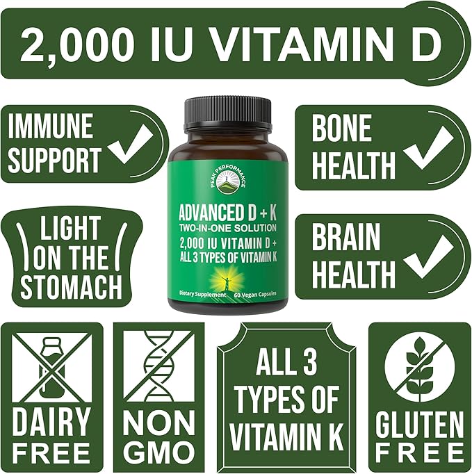 Peak Performance Advanced Vitamin D 2000 IU with All 3 Types of Vitamin K Vitamin D3 and Vitamin K2, K1, MK-7 (MK7), MK4 Supplements. 60 Small and Easy to Swallow Vegetable Pills (2000 IU)