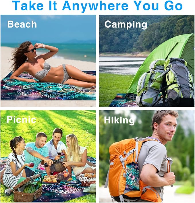 Beach Blanket, Waterproof Sandproof Beach Mat Oversized 79 X 83 Inch for 4-6 Adults, Lightweight Picnic Blanket, Portable Picnic Mat for Outdoor Travel Camping Hiking with 4 Stakes & 4 Corner Pocket