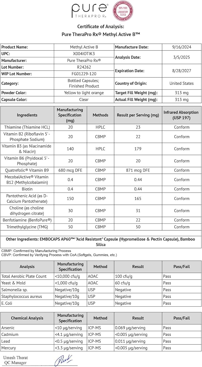 Pure TheraPro Rx Methylated B Vitamins for Men and Women, Made in USA 2 Month Supply | Active Methyl B Complex Vitamins Including Methyl B12, Methylfolate, Benfotiamine, Choline, Niacin, TMG & More