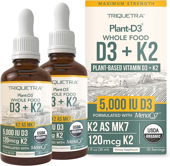 Organic Plant D3+K2 (5000 iu D3) All-Trans MK7 from MenaQ7 (120 mcg K2) 100% Organic & Plant-Based Sublingual D3 Drops (Cholecalciferol), 100% Vegan, Supports Immunity, and Bone, (1oz-2Pack)