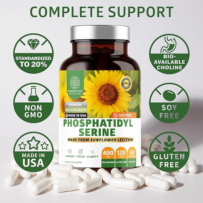 Number One Nutrition Premium Phosphatidylserine 400mg, Derived from Sunflower Lecithin to Help Support Memory, Focus & Cognition Naturally, Soy Free, 120 Veg Caps