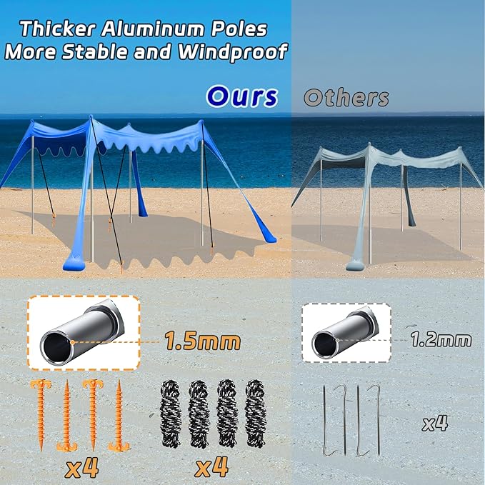 Beach Shade Tent,Beach Sunshade Canopy UPF 50+UV Protection,10x10 Ft Beach Shelter with 4 Sandbags and Thick Stability Poles,Sand Shovel,Ground Pegs,Carry Bag,Camping,Backyard Fun,Outdoor Canopy Tent