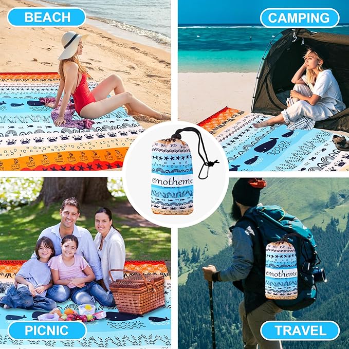 Beach Blanket, Sandproof Beach Mat 79" X 82" for 4-7 Adults, Large Waterproof Beach Blanket Quick Drying Lightweight Beach Blanket with 4 Stakes for Travel Camping Hiking (Sea World)