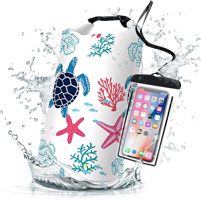 Waterproof Dry Bag,Roll Top Sea Turtle Coral Starfish Small Waterproof Backpack 5L/10L/20L Floating Lightweight Bags for Kayaking, Boating, Fishing, Swimming Camping with Waterproof Phone Case