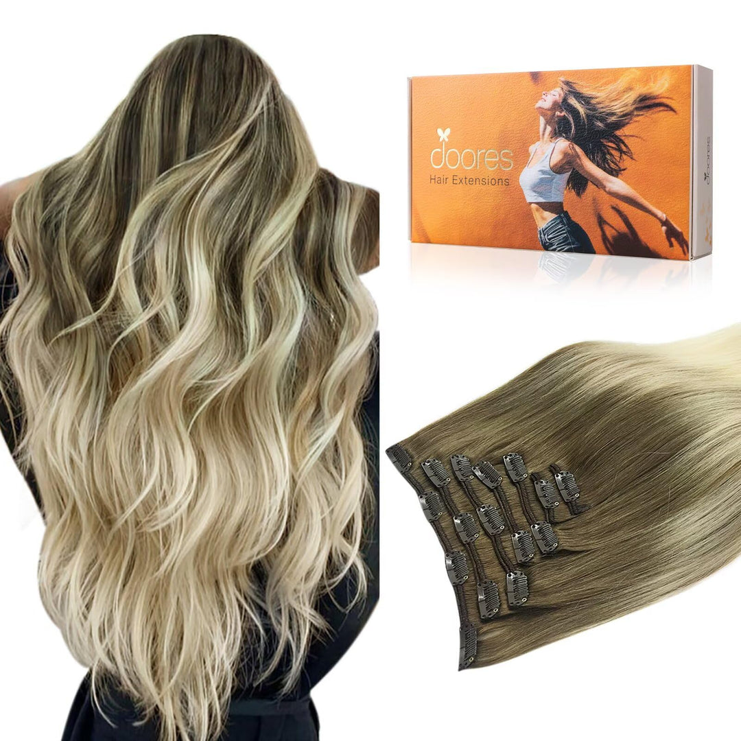 Doores Human Hair Extensions Clip In Ash Brown To Platinum Blonde 120G 7Pcs 22 Inch Clip In Hair Extensions Straight Natural Hai