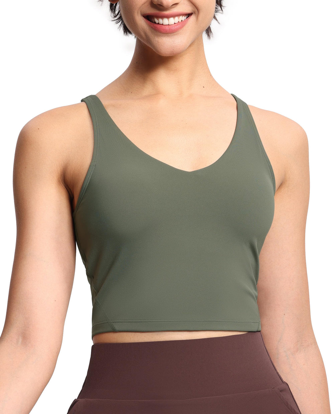 Women’s Longline Sports Bra Wirefree Padded Medium Support Yoga Bras Gym Running Workout Tank Tops Olive Green