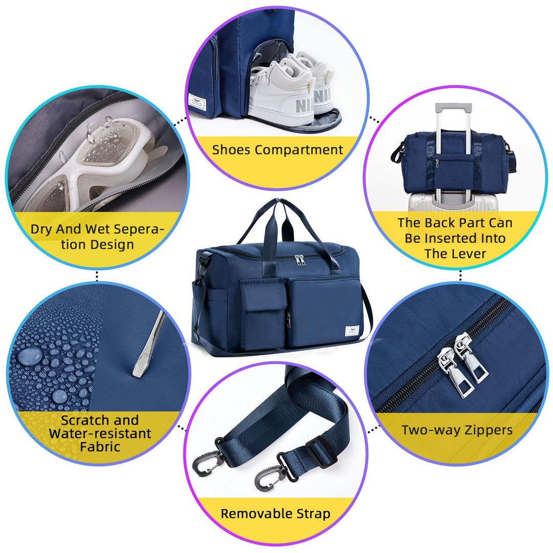 FIORETTO Women's Water-Resistant Gym Duffle Bag with Shoes Compartment, 37L Capacity, Multi-Functional, Ideal for Travel, Gym, Sports, Weekender, with Toiletry Bag, Navy Blue