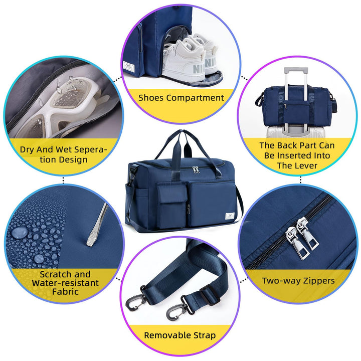 FIORETTO Women's Water-Resistant Gym Duffle Bag with Shoes Compartment, 37L Capacity, Multi-Functional, Ideal for Travel, Gym, Sports, Weekender, with Toiletry Bag, Navy Blue