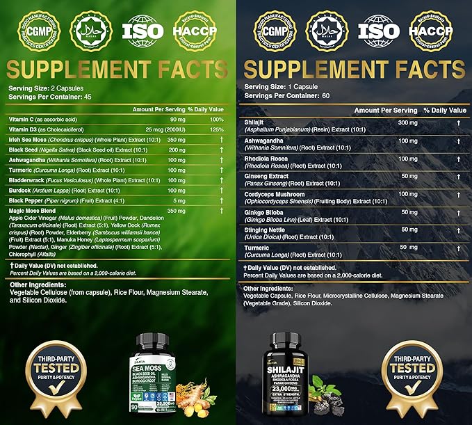 Shilajit 9000mg, Sea Moss 17500mg, Ginger & Black Seed Oil 4000mg, Ashwagandha 5000mg, Rhodiola Rosea, 1000mg Panax Ginseng 1500mg, All in 1 Supplement - Sea Moss & Shilajit Vitality Bundle