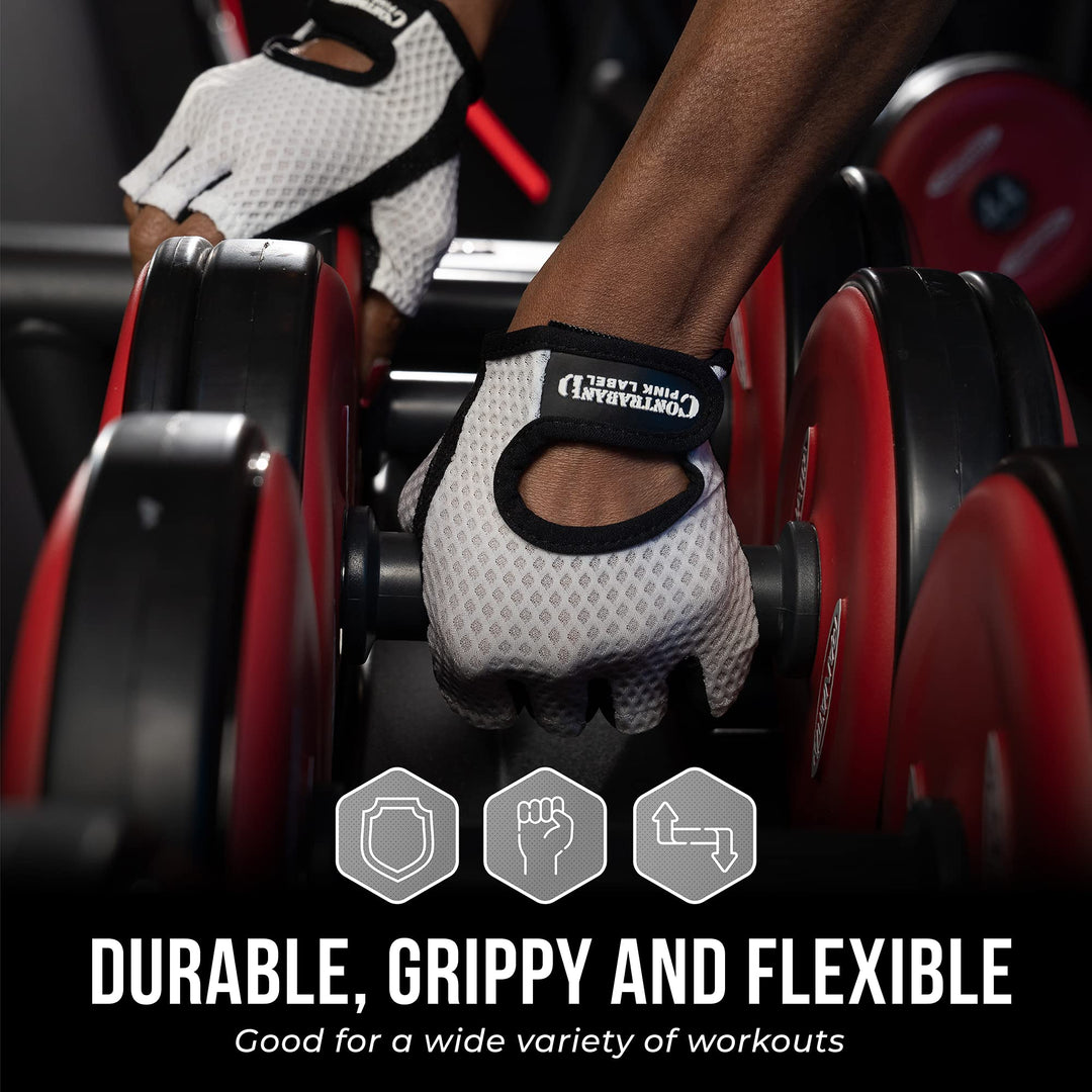 Contraband Pink Label 5307 Womens Designer Workout Gloves | Low Sweat Diamond Mesh Fabric w/Grip-Lock™ Silicone Palm (White, X-Small)