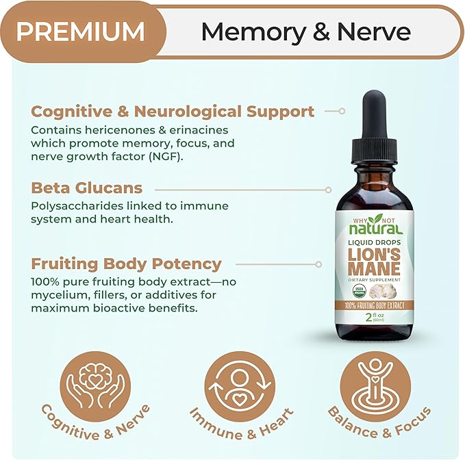 Why Not Natural Organic Lions Mane Liquid Extract Mushroom Supplement Tincture