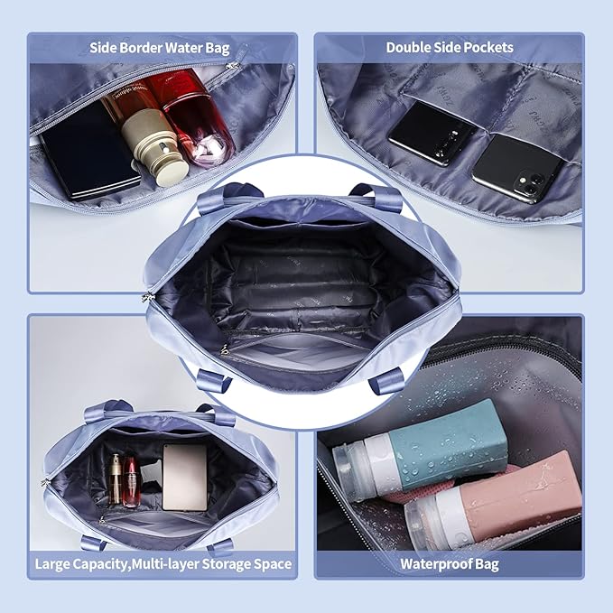 ZGWJ Expandable Travel Duffel Tote Bag - Foldable Overnight Weekender, Carry-On, Swim & Gym Bag - Fits Spirit Airlines Personal Item Size - Lightweight, Waterproof & Durable with Trolley Sleeve,Blue