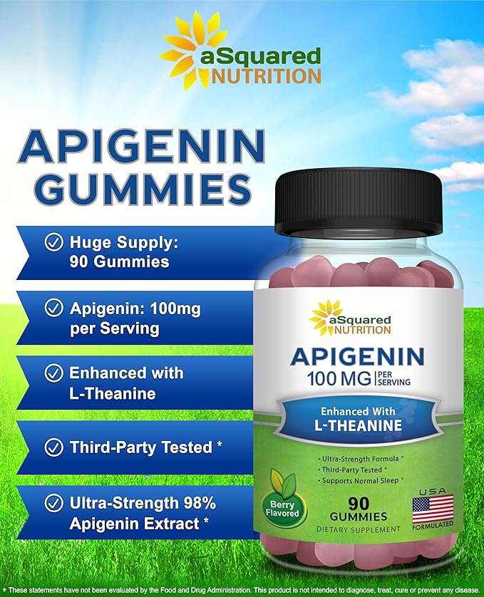 Apigenin 100mg with L-Theanine 100mg Gummies - Apigenin Supplement for Sleep - Natural Extract Gummy Alternative to Capsules, Pills, Powder & Tea - 2 Per Serving