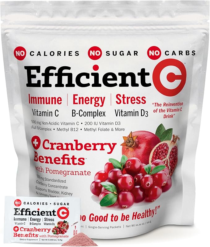 ANDREW LESSMAN Efficient C + Cranberry Benefits 90 Packets - Immune, Energy, Stress and Urinary Tract Support. Reinvention of The Vitamin C Drink. No Calories. No Sugar. No Carbs. Easy to Mix.