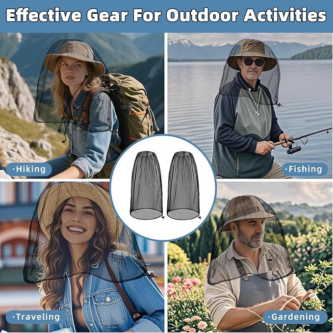 2 Pack Ultra Large Mosquito Net 42x25 Inches Mosquito Head Net Oversized Insect Netting Bug Fits Most Hats for Gardening Hiking Fishing Traveling(Black)