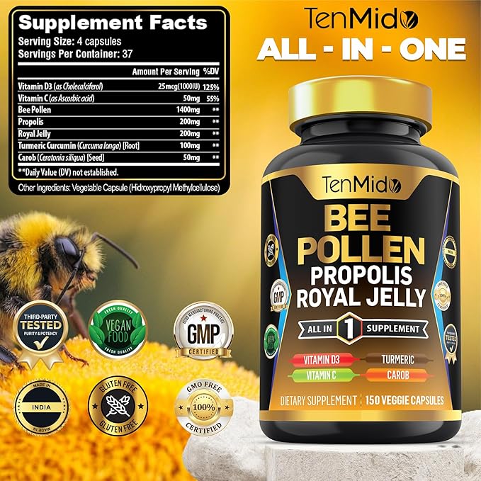 Organic Bee Pollen Supplement for Men and Women, 7in1 Formula with Propolis, Royal Jelly, Turmeric, Carob & More - Energy, Immune, Digestive Support - Rich in Nutrient, Vitamins - 150 Capsules