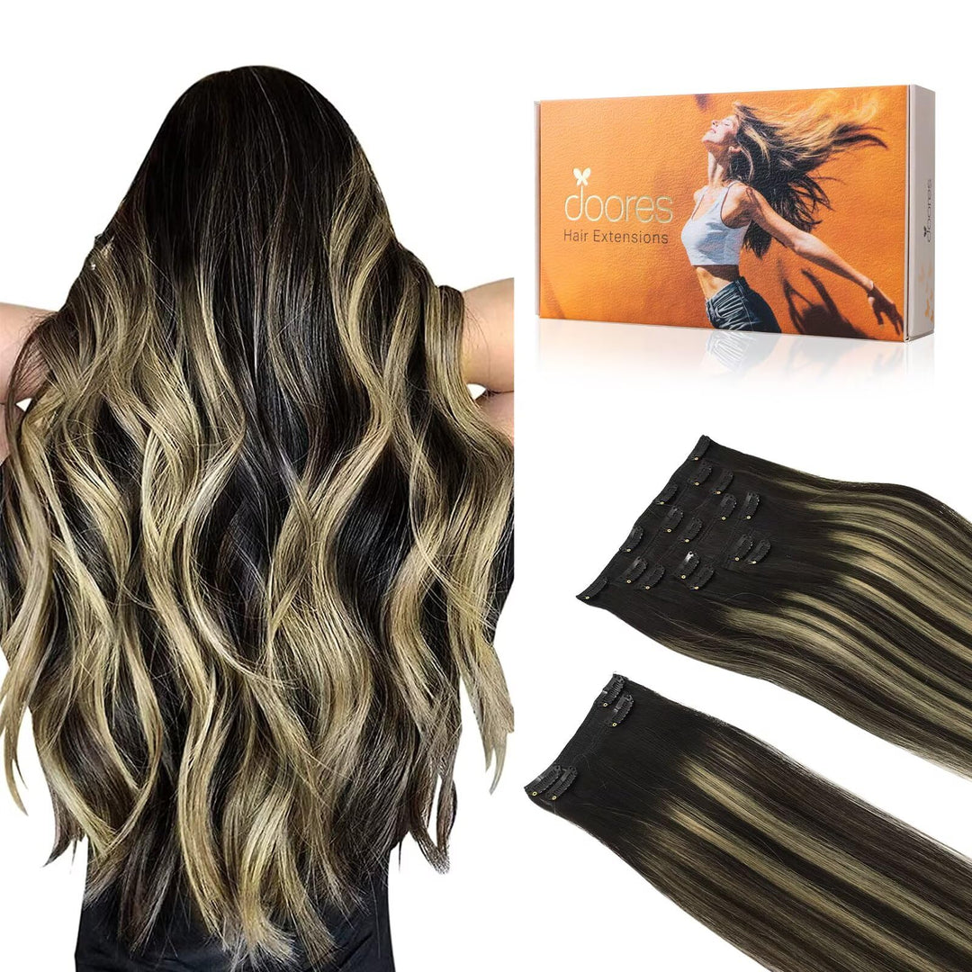 Doores Hair Extensions Clip In Human Hair, Balayage Natural Black To Light Blonde 14 Inch 150G 9Pcs, Clip In Hair Extensions Hum
