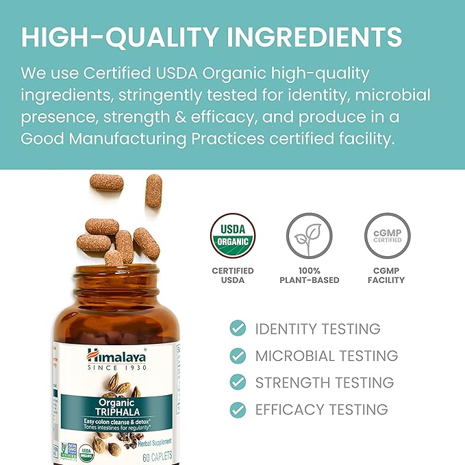 Himalaya Organic Triphala Herbal Supplement for Colon Cleansing, Supports Regularity, Occasional Bloating, Waste Elimination, USDA Organic, Non-GMO, Vegan, 688 mg, 30 Plant-Based Caplets