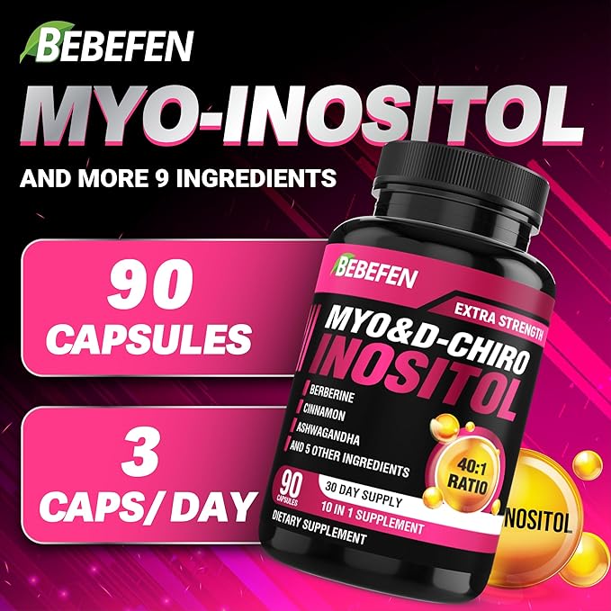 BEBEFEN Inositol Supplement - Myo-Inositol and D-Chiro Inositol Ideal 40:1 Ratio - Plus Berberine, Cinnamon, Ashwagandha + 5 More - 90 Capsules