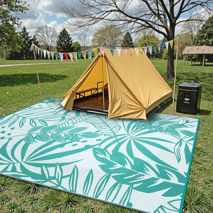 Anidaroel Leaf Outdoor Rugs 8x10ft for Patios Clearance Waterproof, Reversible Tropical Plastic Straw Camping Mat Outside Area Rug for RV, Backyard, Deck, Balcony, Picnic, Beach(Blue,8'x10')