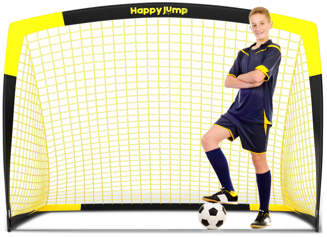 Happy Jump 100009 Soccer Goal, 7'x5'x5', Fiberglass, Alloy Steel, Black+Yellow, For Kids, Portable, Indoor & Outdoor Use