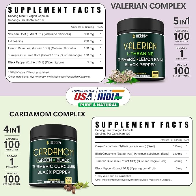 Bundle 5in1 Valerian Root Supplement 100 Count & 4in1 Cardamom Supplement 100 Count - Support Relaxation, Digestion, Heart and Oral Health