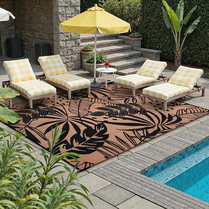 Anidaroel Leaf Outdoor Rugs 6x9ft for Patios Clearance Waterproof, Reversible Tropical Plastic Straw Camping Mat Outside Rug, Large Outdoor Area Rug for RV, Deck, Balcony, Picnic(Black/Brown,6'x9')