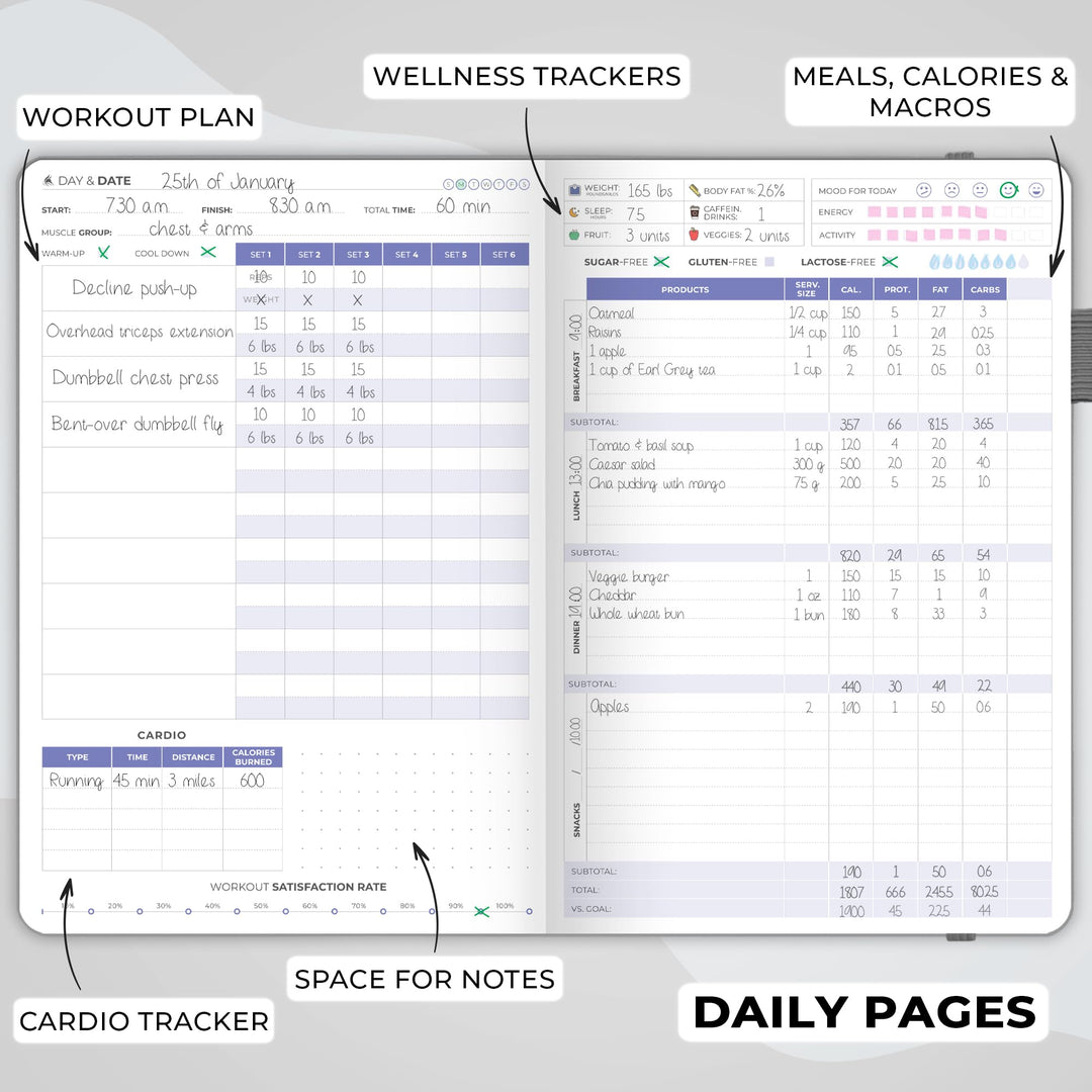 Clever Fox Fitness & Food Journal – Nutrition & Workout Planner for Women & Men – Diet & Gym Exercise Log Book with Calendars, Diet & Training Trackers - Undated, A5 Size, Hardcover (Grey)