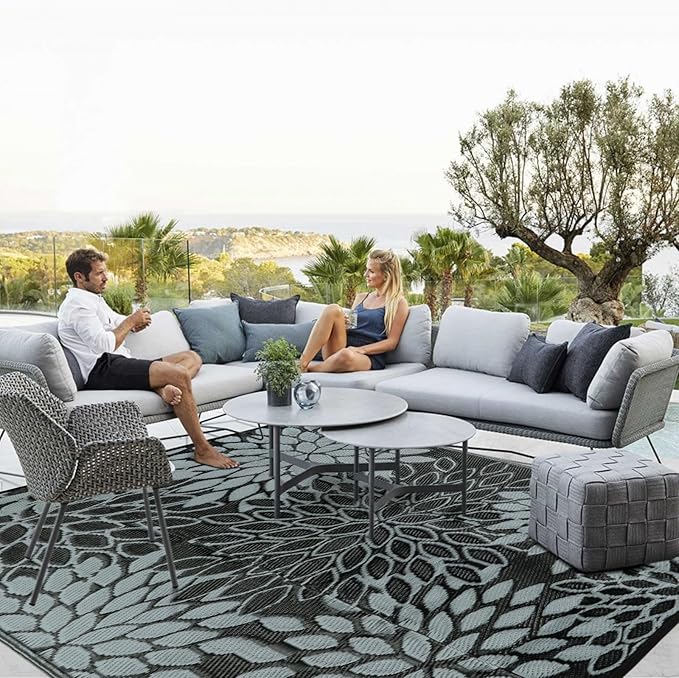 Anidaroel Patio Rugs Outdoor 9x12 Clearance Waterproof, Reversible Camping Rugs for Outside RV, Tropical Plastic Straw Outside Area Rugs for Camping, Backyard, Pool Deck, Trailer(9'x12')