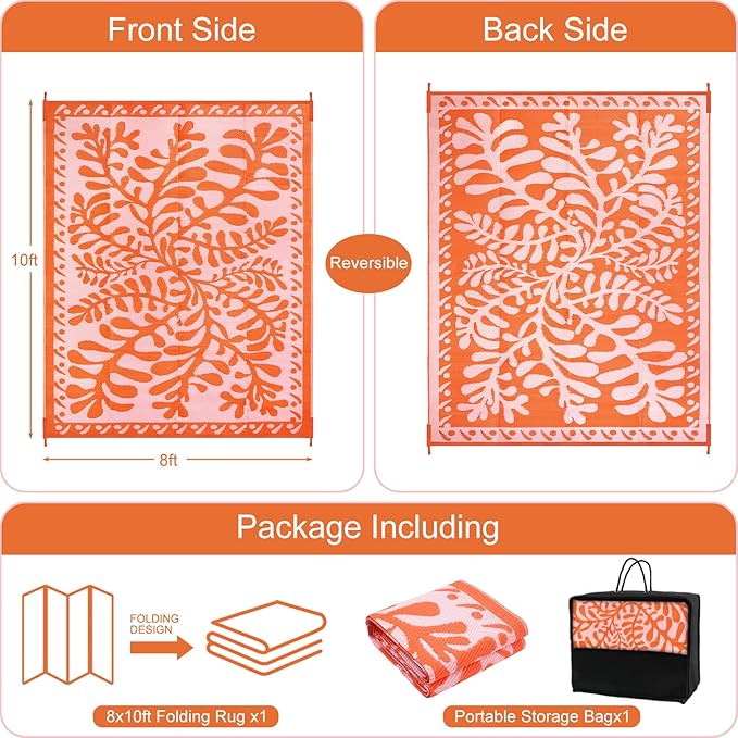 Anidaroel 8x10 Outdoor Rug for Patios Clearance, Waterproof Camping Rug for Outside RV, Reversible Plastic Straw Outside Rugs, Large Outdoor Area Rug for Garden, Camper, Pool Deck(Orange,8’x10’)