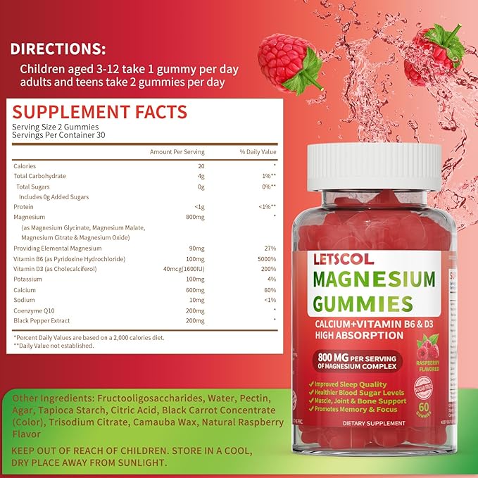 Magnesium Glycinate Gummies 800mg Per Serving, Sugar Free Magnesium Supplement with Magnesium Malate, Calcium, Vitamin D3, B6, CoQ10 for Calm Support & Sleep for Adults Kids